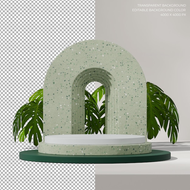 green terrazzo podium in square monstera plant and arch rendering 3d of transparent background