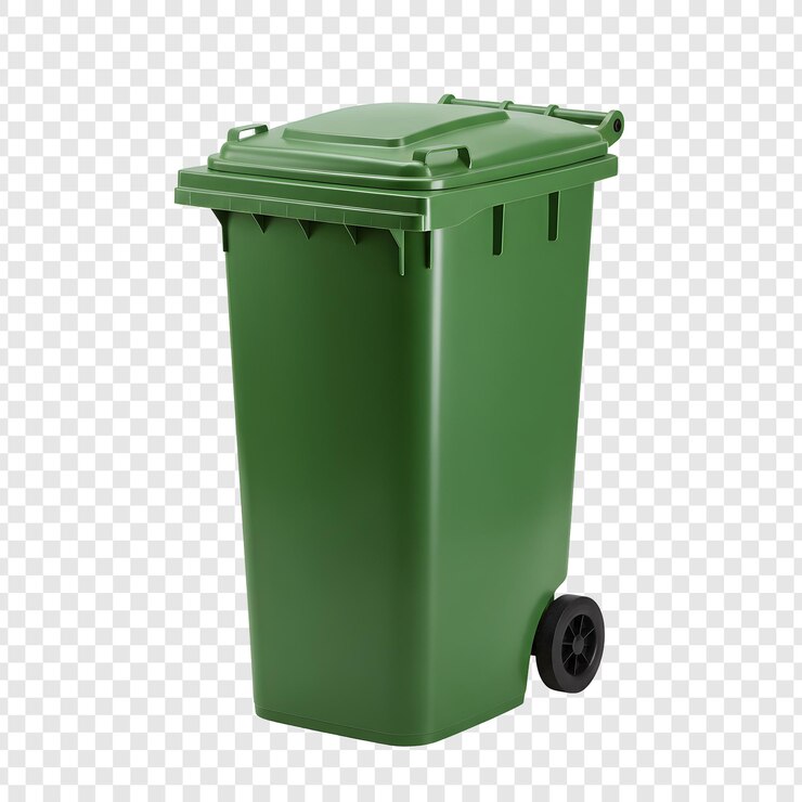 PSD green wheeled trash can isolated on transparent background