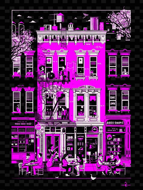 PSD greenwich village avec une scène de rue bohémienne et une illustration en pierre brune