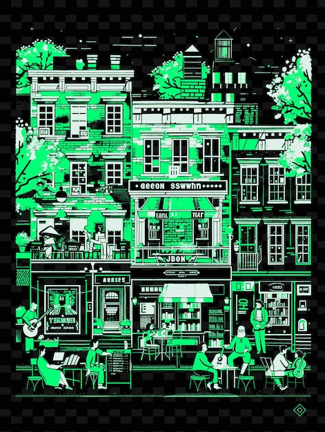 PSD greenwich village avec une scène de rue bohémienne et une illustration en pierre brune