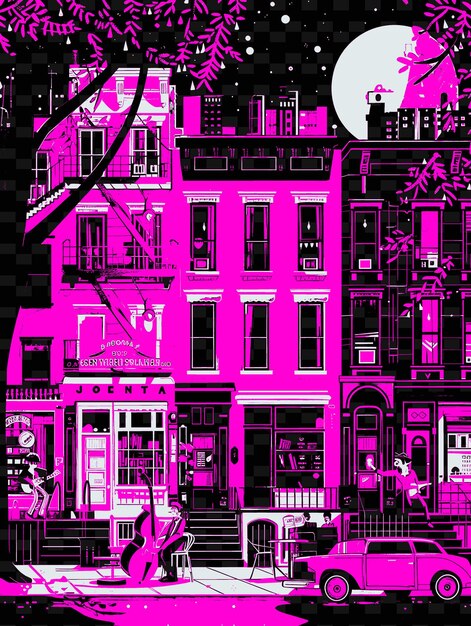 PSD greenwich village avec une scène de rue bohémienne et une illustration en pierre brune