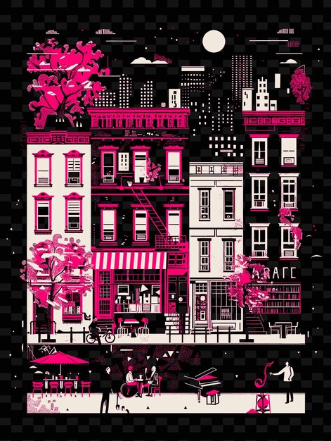 PSD greenwich village avec une scène de rue bohémienne et une illustration en pierre brune