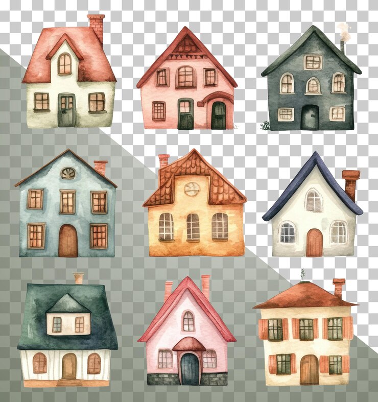 PSD grelha de casas coloridas com aquarelas em png