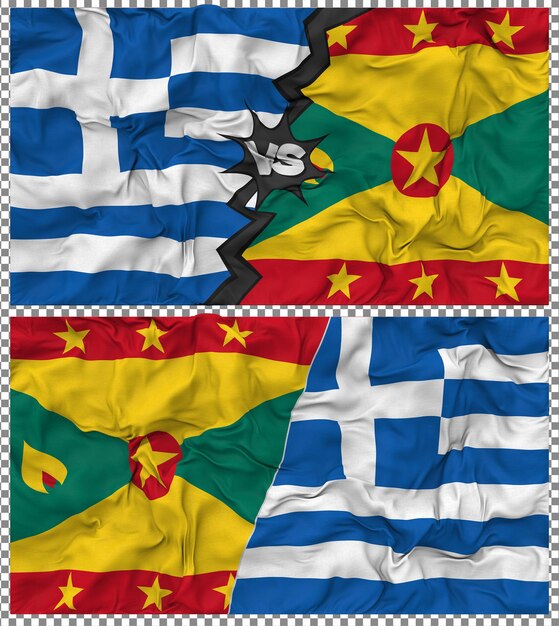 Grenada gegen Griechenland Halbkombinierte Flagge Stoff-Bump-Textur 3D-Rendering