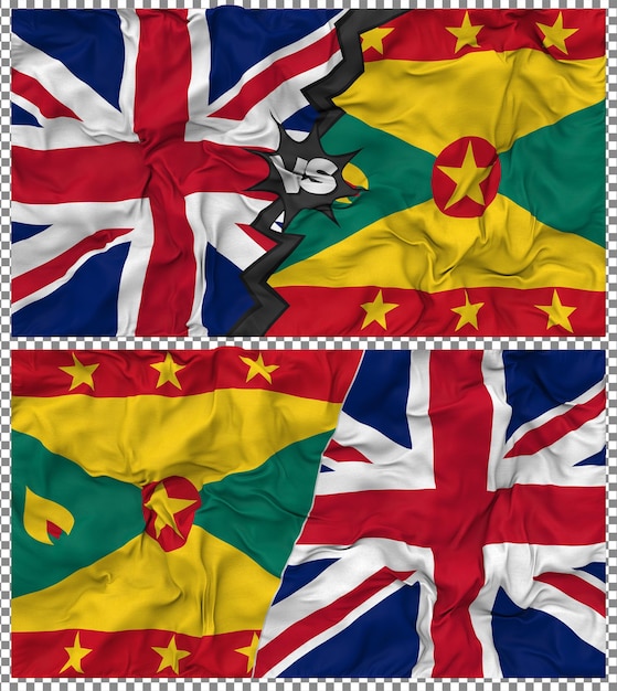 Grenada gegen Großbritannien Halbkombinierte Flagge Stoff-Bump-Textur 3D-Rendering