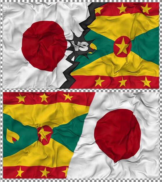 Grenada gegen Japan Halbkombinierte Flagge Stoff-Bump-Textur 3D-Rendering