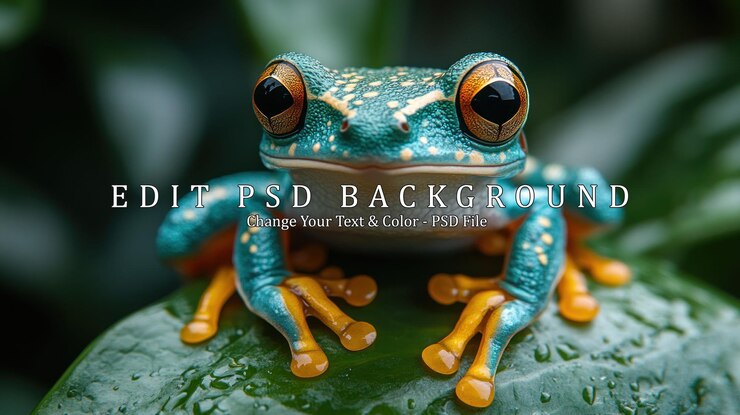 PSD la grenouille bleue et jaune sur une feuille verte