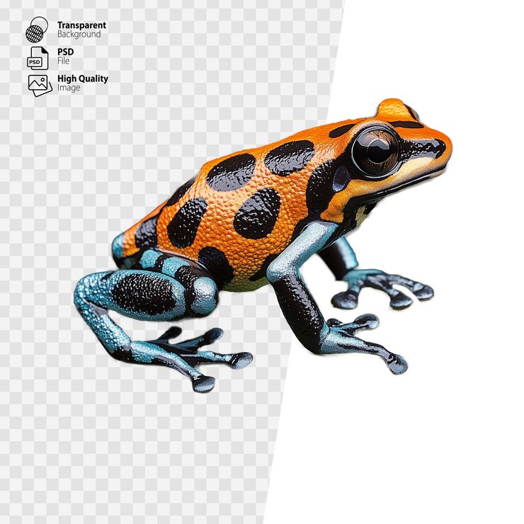 PSD grenouille à flèche empoisonnée avec des motifs jaunes et noirs brillants assise sur une feuille verte sur un fond transparent