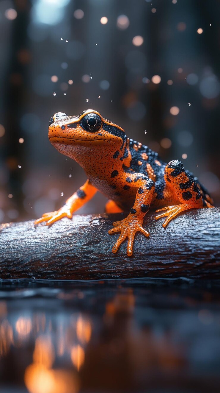 PSD une grenouille orange vif et noire est assise sur une branche au-dessus d'un plan d'eau avec un fond bokeh de la forêt