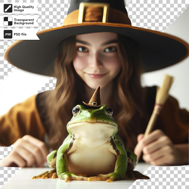 PSD grenouille psd dans un chapeau de sorcière sur un fond transparent avec une couche de masque modifiable