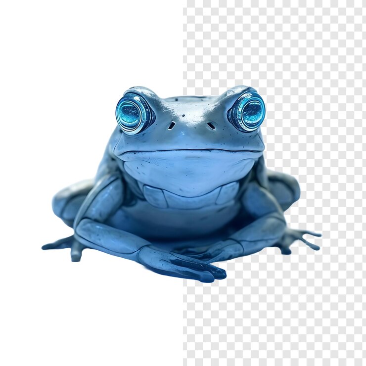 PSD une grenouille robot bleue aux yeux brillants avec un fond transparent