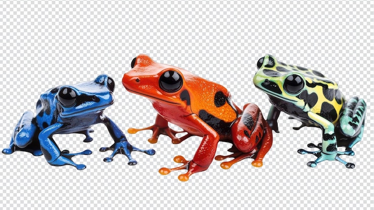 PSD des grenouilles venimeuses colorées isolées sur un fond transparent idéal pour les projets éducatifs et liés à la nature