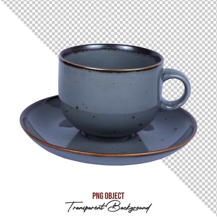 PSD grey speckled teacup and saucer isolated on transparent background