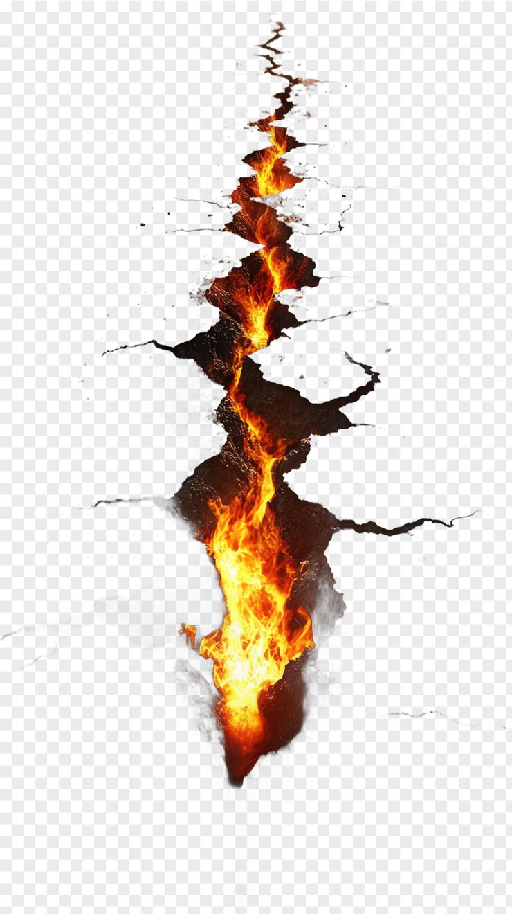 PSD grieta en el suelo con fuego que emana de ella aislado en un fondo transparente