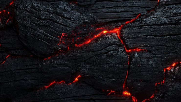 PSD grietas de lava brillantes en la textura oscura de la roca volcánica