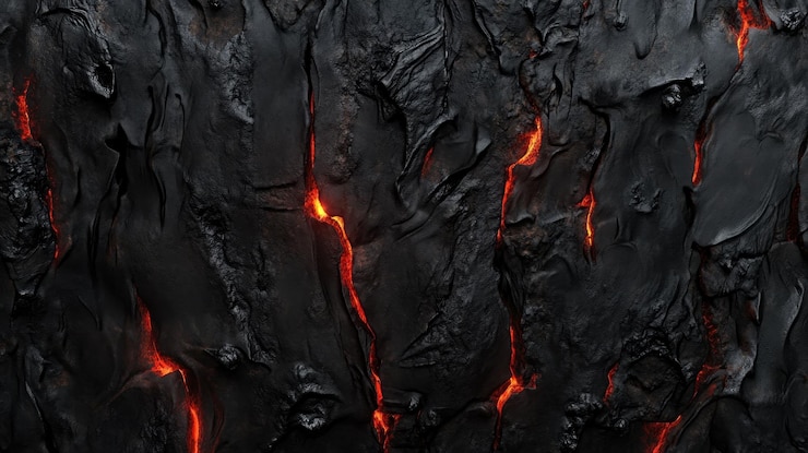 PSD las grietas de lava naranja brillantes en la textura oscura de la roca volcánica