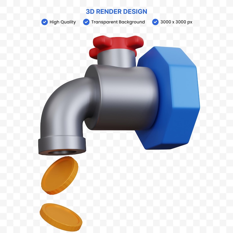 PSD grifo de agua de renderizado 3d con algunas monedas aisladas