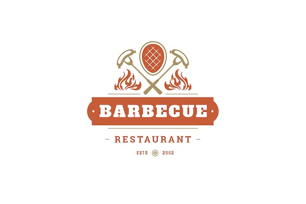 Grill barbecue restaurante modelo de logotipo premium desenho de carne bife salsicha no garfo cozinhar