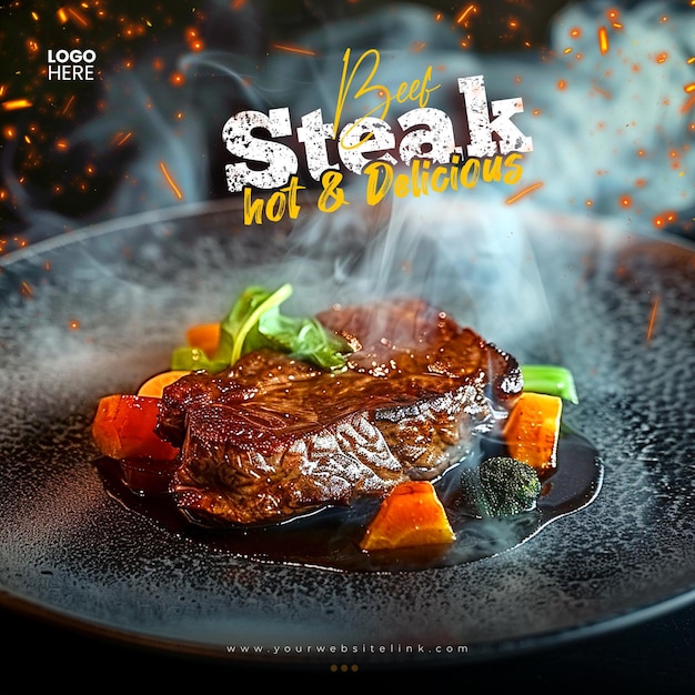 Grill beef steak caliente y delicioso plantilla de publicación de instagram en las redes sociales