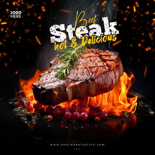 PSD grill beef steak caliente y delicioso plantilla de publicación de instagram en las redes sociales