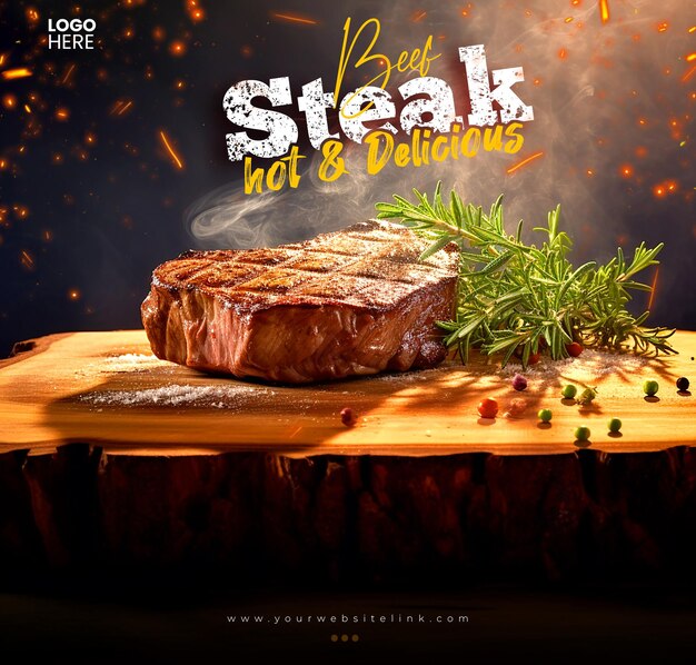 PSD grill beef steak chaud et délicieux modèle de message instagram pour les médias sociaux