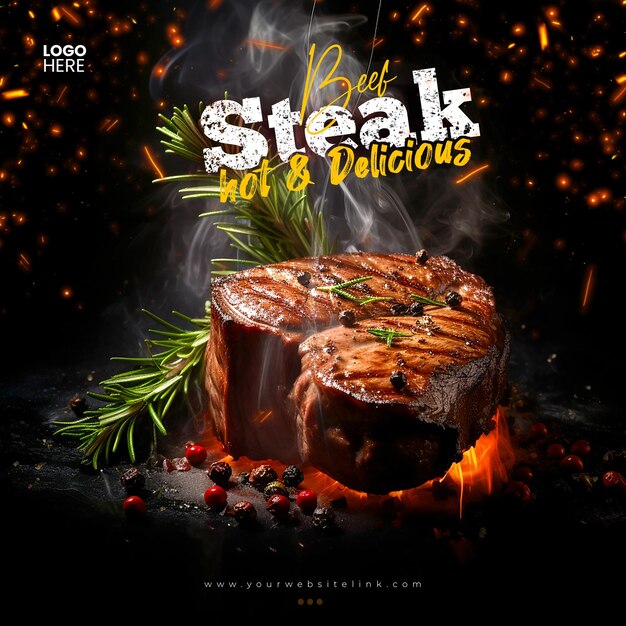PSD grill beef steak quente e delicioso modelo de postagem de instagram de mídia social