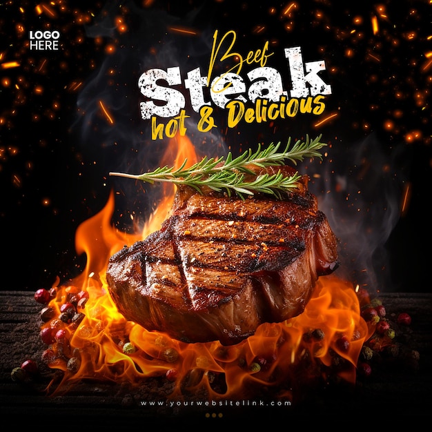Grill Beef Steak quente e delicioso modelo de postagem de instagram de mídia social