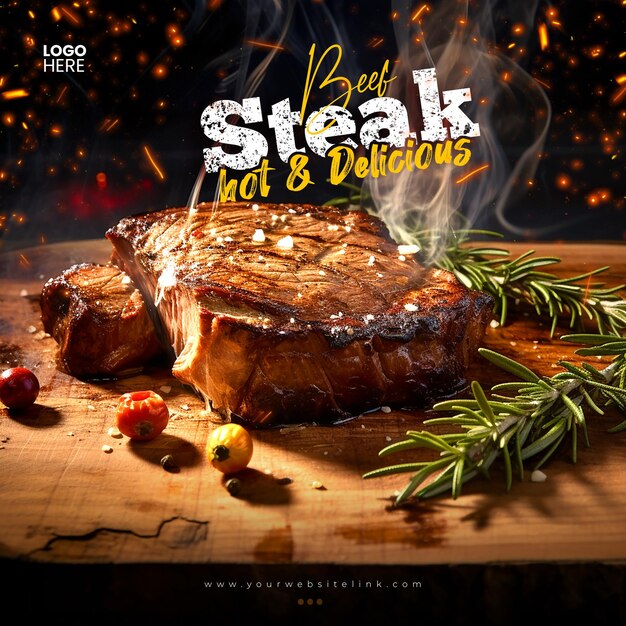 Grill Beef Steak quente e delicioso modelo de postagem do Instagram