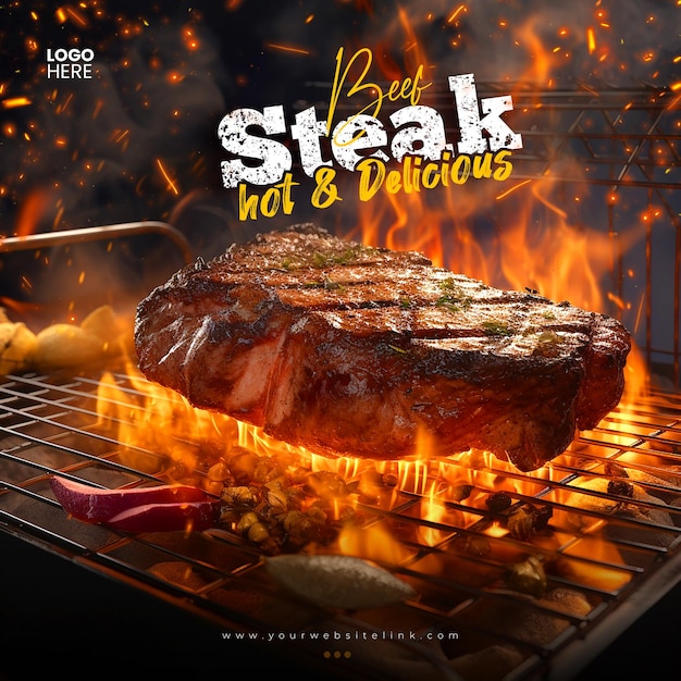 Grill beef steak quente e delicioso modelo de postagem do instagram
