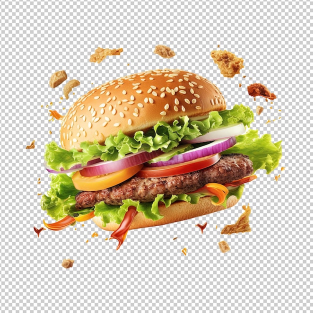 PSD grill hamburger réaliste hamburgers 3d tombant dans l'air collection de viande grillée ultra réaliste