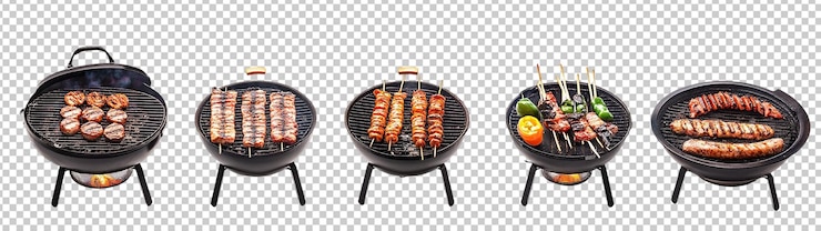 PSD grill avec des hamburgers, des hot-dogs et des saucisses.