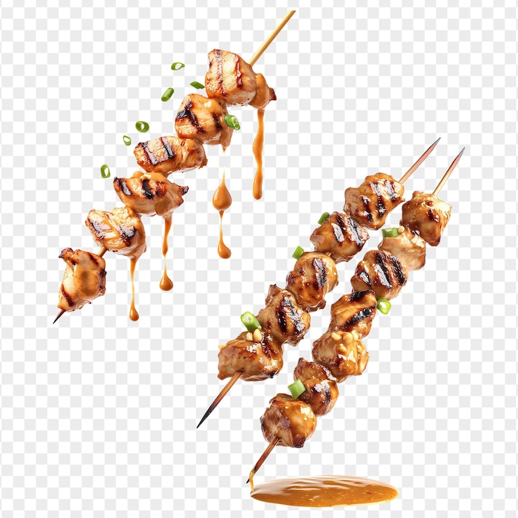 PSD grilled chicken satay skewers floating in the air