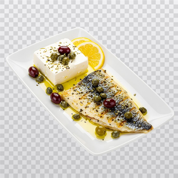 PSD grilled fish with feta cheese olives lemon and capers