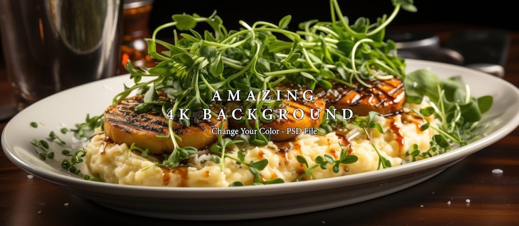 PSD grilled scallops with mashed potatoes and microgreens