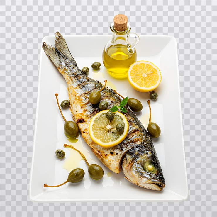 PSD grilled seabass with lemon capers and olive oil on a white plate