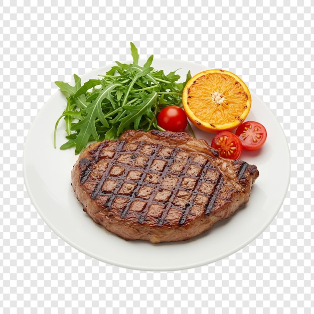 Grilled steak with fresh salad and orange slice on a white plate