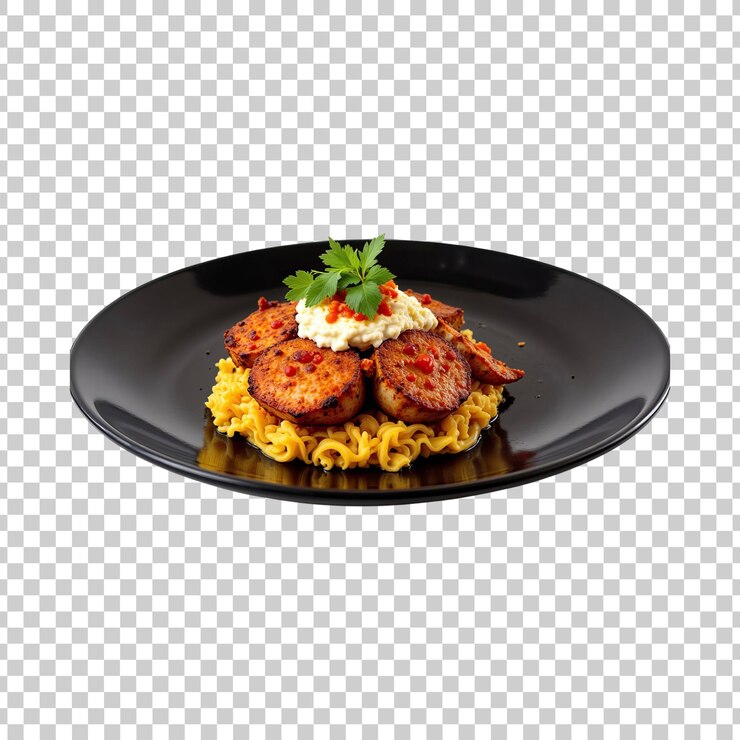 PSD grillkartoffelschnitte, die auf nudeln mit garnierung auf durchsichtigem hintergrund serviert werden
