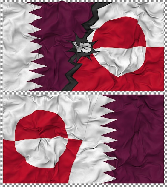 Grönland gegen Katar Halbkombinierte Flagge Stoff-Bump-Textur 3D-Rendering