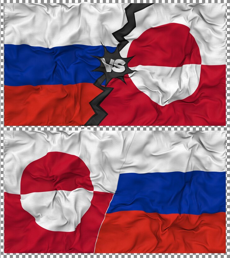 PSD groenlandia contra rusia media bandera combinada con textura 3d de la tela