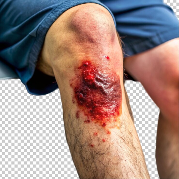 PSD gros bleu sur la jambe sur le genou traumatisme sévère