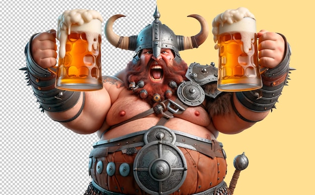 PSD un gros guerrier viking tenant deux tasses de bière sur un fond transparent