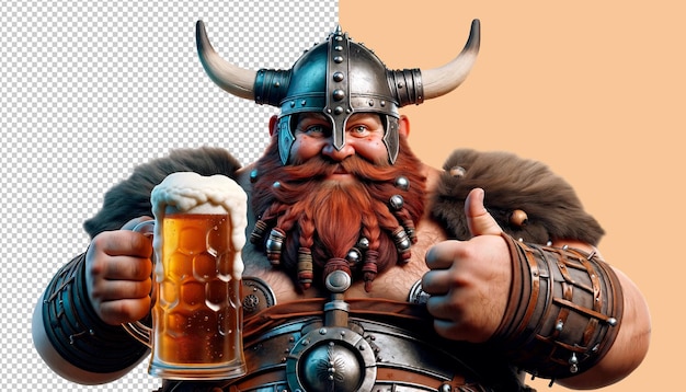 PSD un gros guerrier viking tenant une tasse de bière et levant le pouce.
