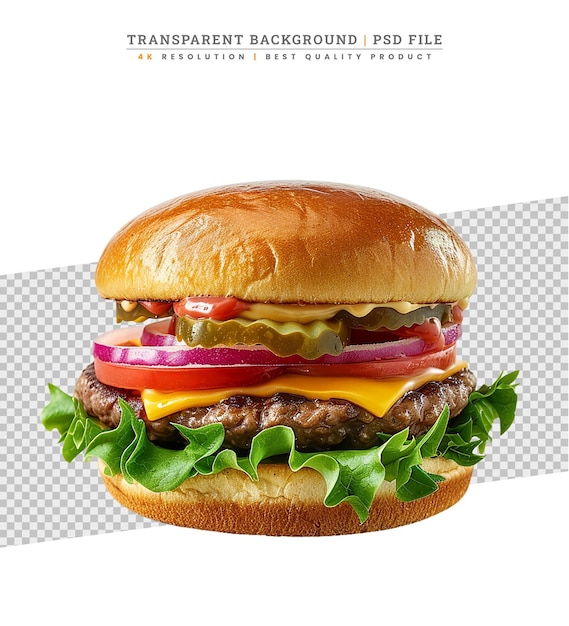 PSD un gros hamburger frais et savoureux avec du fromage, de la viande de bœuf, de la laitue, de l'oignon rouge et de la tomate.