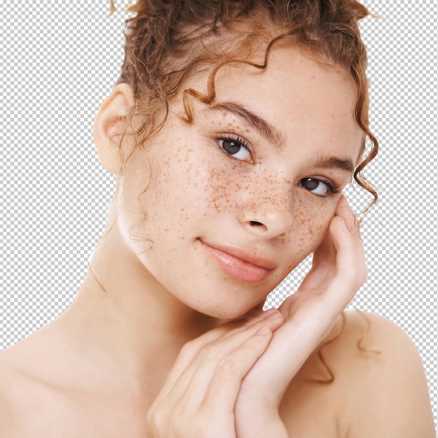 En gros plan attrayante nue douce rousse femme taches de rousseur toucher la peau doucement souriant caméra soulagé sensuellement accompli condition de peau propre mener un mode de vie actif sain beauté authentique