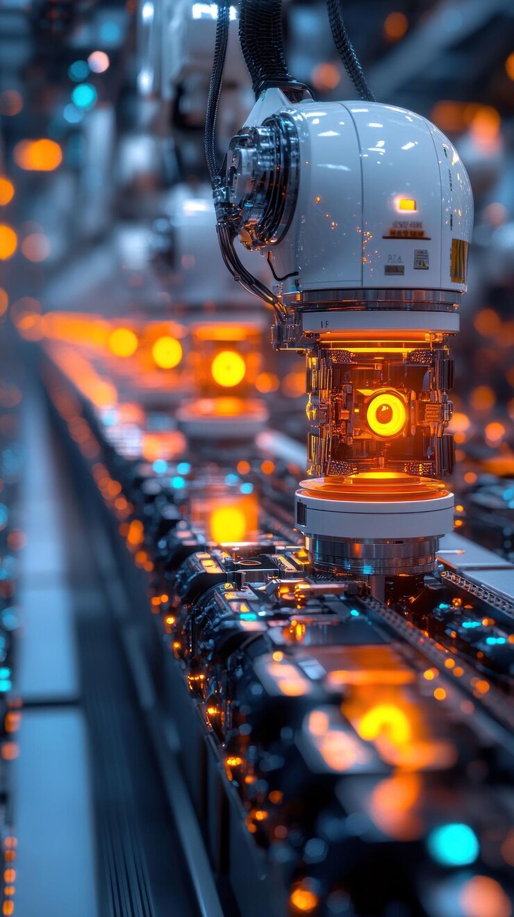 PSD un gros plan d'un bras robotique sur une ligne de production avec des lumières brillantes et une esthétique futuriste