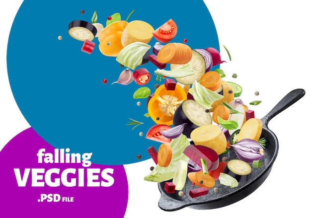 Gros plan sur différents légumes tombant dans une poêle