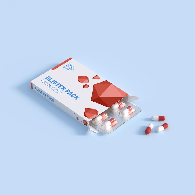 PSD gros plan du blister de l'emballage avec des pilules de médicaments ronds modèle de maquette rendu 3d