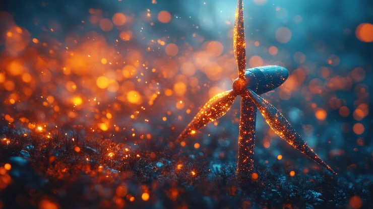 PSD un gros plan d'une éolienne avec des lumières bokeh en arrière-plan