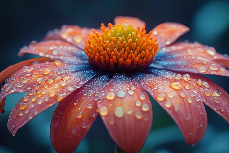 PSD un gros plan d'une fleur d'orange vibrante avec des gouttes d'eau sur les pétales