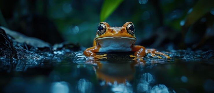 PSD un gros plan d'une grenouille orange vif et noire dans une piscine d'eau